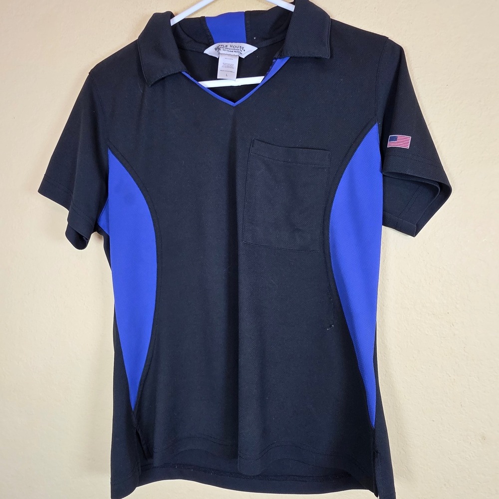 Waffle House Employee Uniform Polo Shirt Black Blue Mesh V-Neck Mens Large
